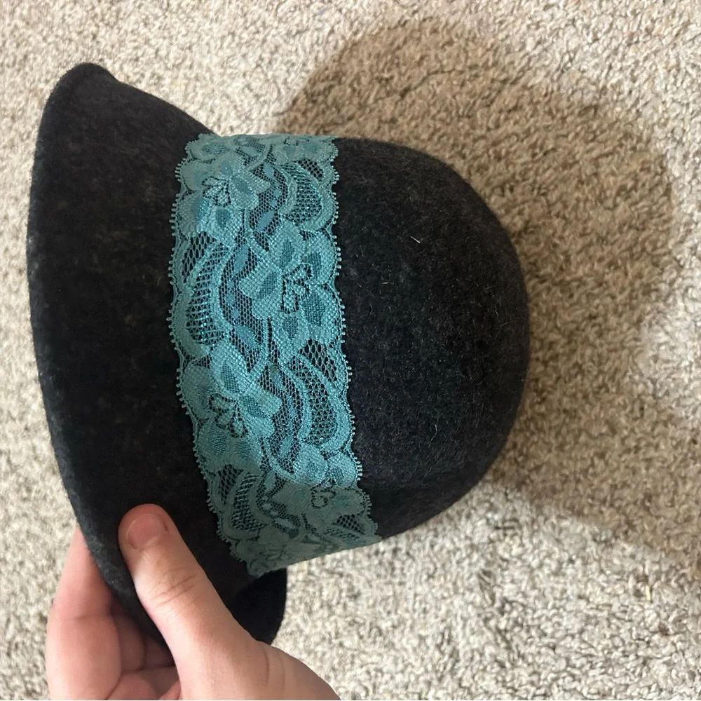 Anthropologie Dark Gray Wool Hat Blue Lace Band by Yellow Bird Cloche Women's